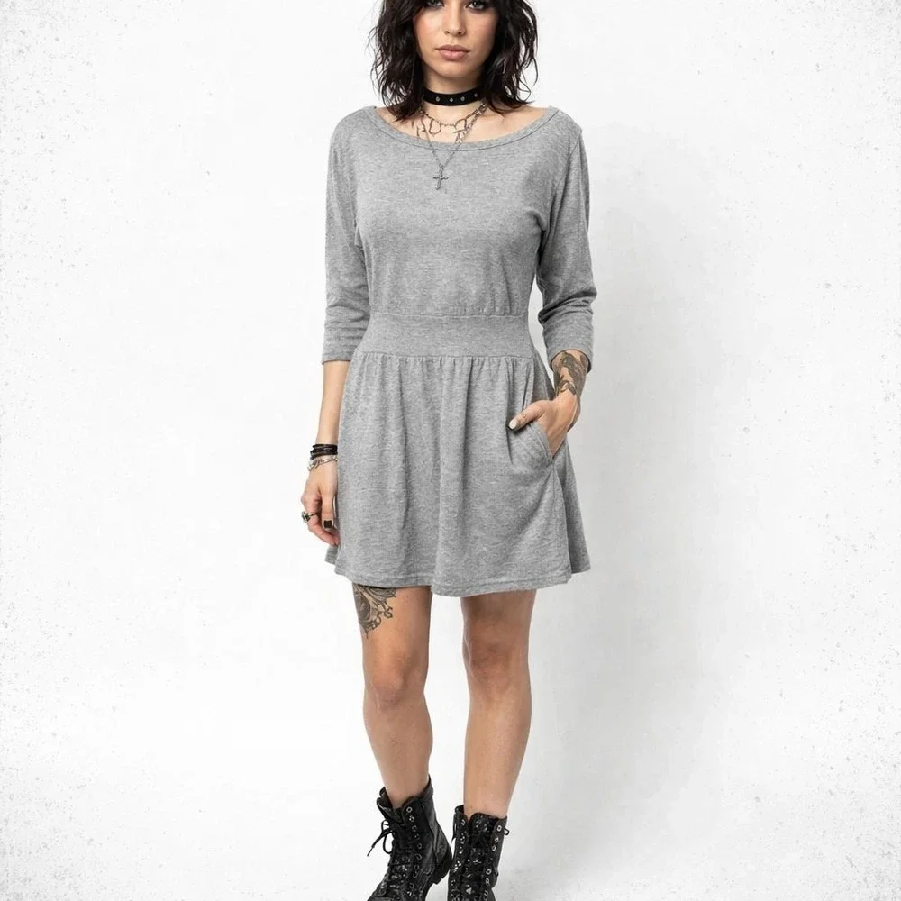 Y2K Sweater Dress Gray S Lightweight Layering Sexy‎ Scoop Neck Whimsigoth Grunge